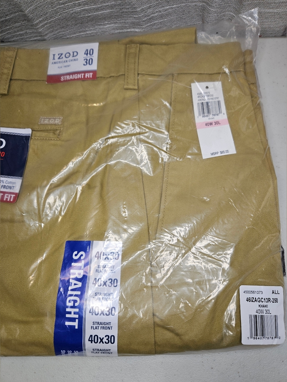 IZOD Men’s Khaki Chino Pants Straight Fit 40x30 100% Cotton No Iron Flat Front - Picture 9 of 10